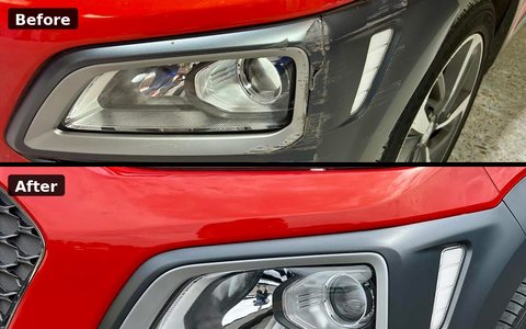 Front bumper corner scuff repair, before above and after below