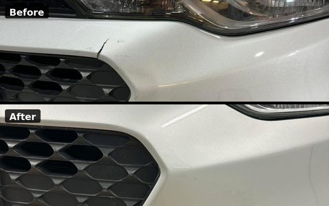 Front bumper scuff repair, before above and after below