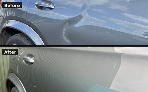 Panel dent repair, before above and after below