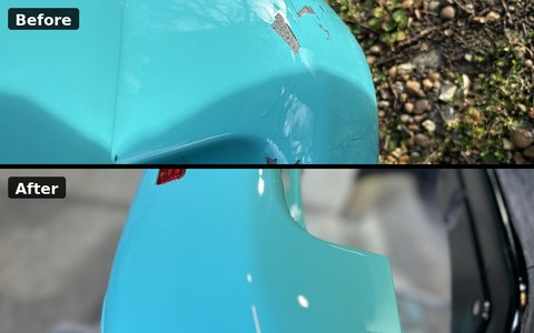 Teal paintwork chip repair, before above and after below