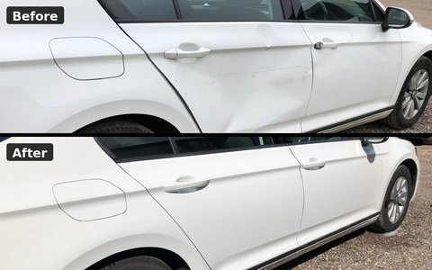 Door dent repair, before above and after below