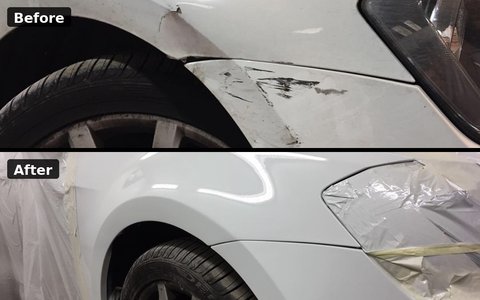 Front wing and wheel arch scuff repair, before above and after below