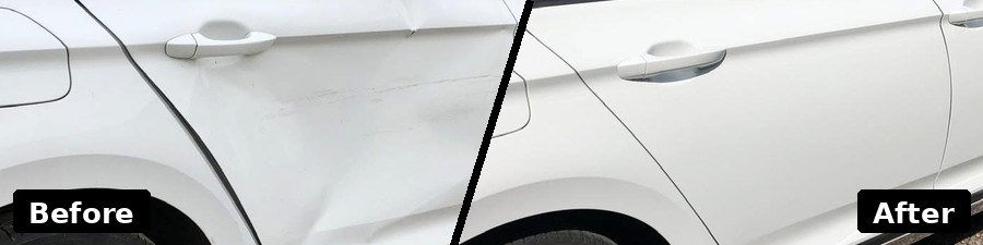 Car door panel before and after accident damage repair, split diagonally