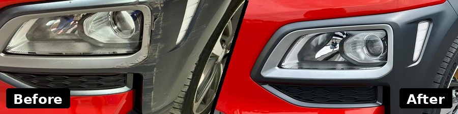 Bumper and headlight before and after cosmetic scuff repair, split diagonally
